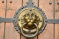 Ornate doorhandle depicting lion portrait on brown wooden door of Thomaskirche in Leipzig.